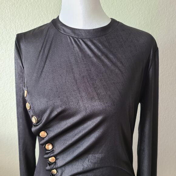 Karina Grimaldi‎ Asymmetrical Black Bodycon Mini Dress Size Medium Gold Buttons - Picture 5 of 12